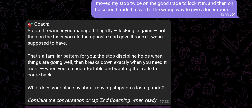 An AI coach that walks your trading day, in Telegram.