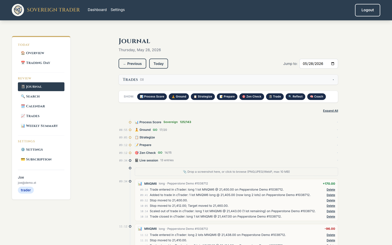 Your whole trading day on one timeline: fills, stop-moves and all, captured automatically.