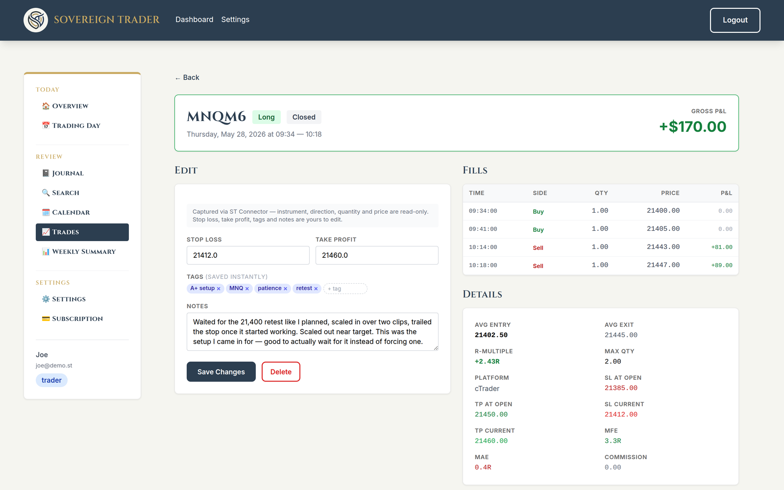 Stops and targets detected, R-multiple, your own tags and notes.
